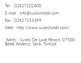Susesi Luxury Resort iletiim bilgileri